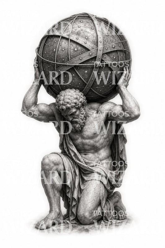 Diseño de tatuaje de Atlas sosteniendo los cielos