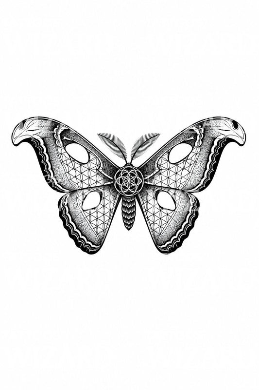 Atlasmotte Tattoo-Design mit heiliger Geometrie