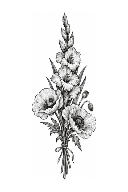 Dotwork-tatovering med gladiolus og valmue, augustblomster