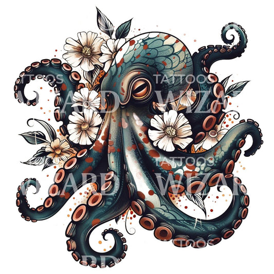 Neo Traditional Blue Octopus Tattoo Design