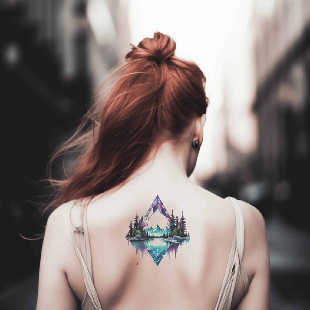 Geometric Mountain and Aurora Borealis Tattoo Design