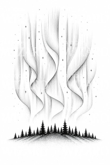 Aurora Curtains Over Pines Tattoo Design