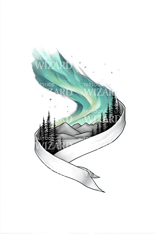 Aurora Forest Ribbon Tattoo Design