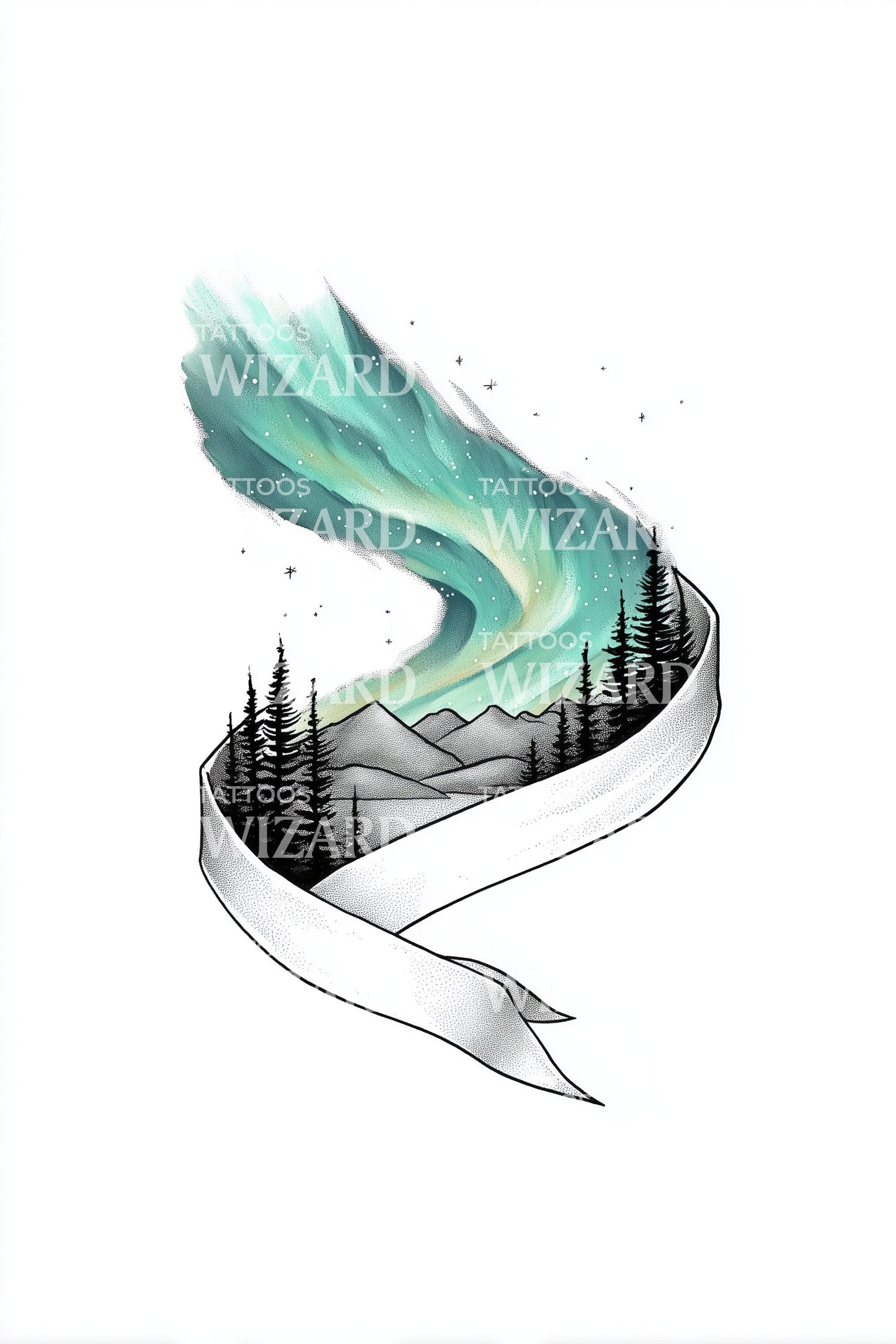 Aurora Forest Ribbon Tattoo Design