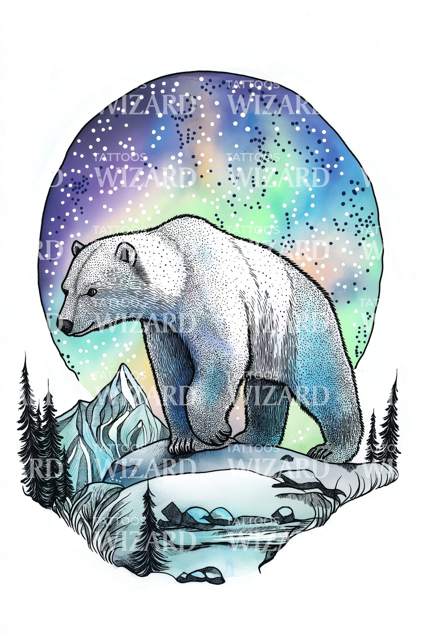 Aurora Lake Polar Bear Tattoo Design