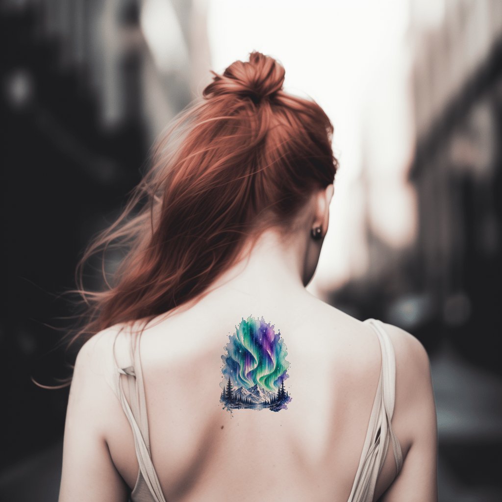 Design tatuaggio aurora sulle montagne