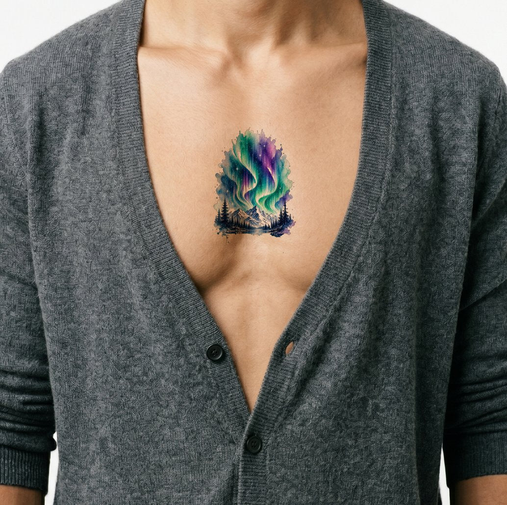 Design tatuaggio aurora sulle montagne