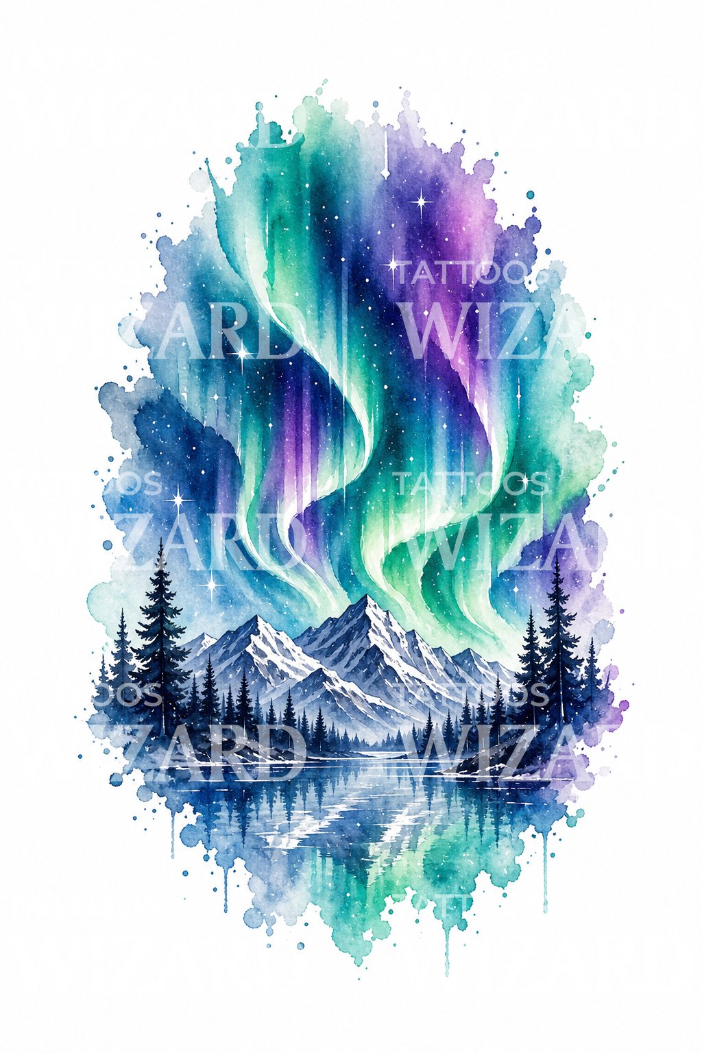 Design tatuaggio aurora sulle montagne