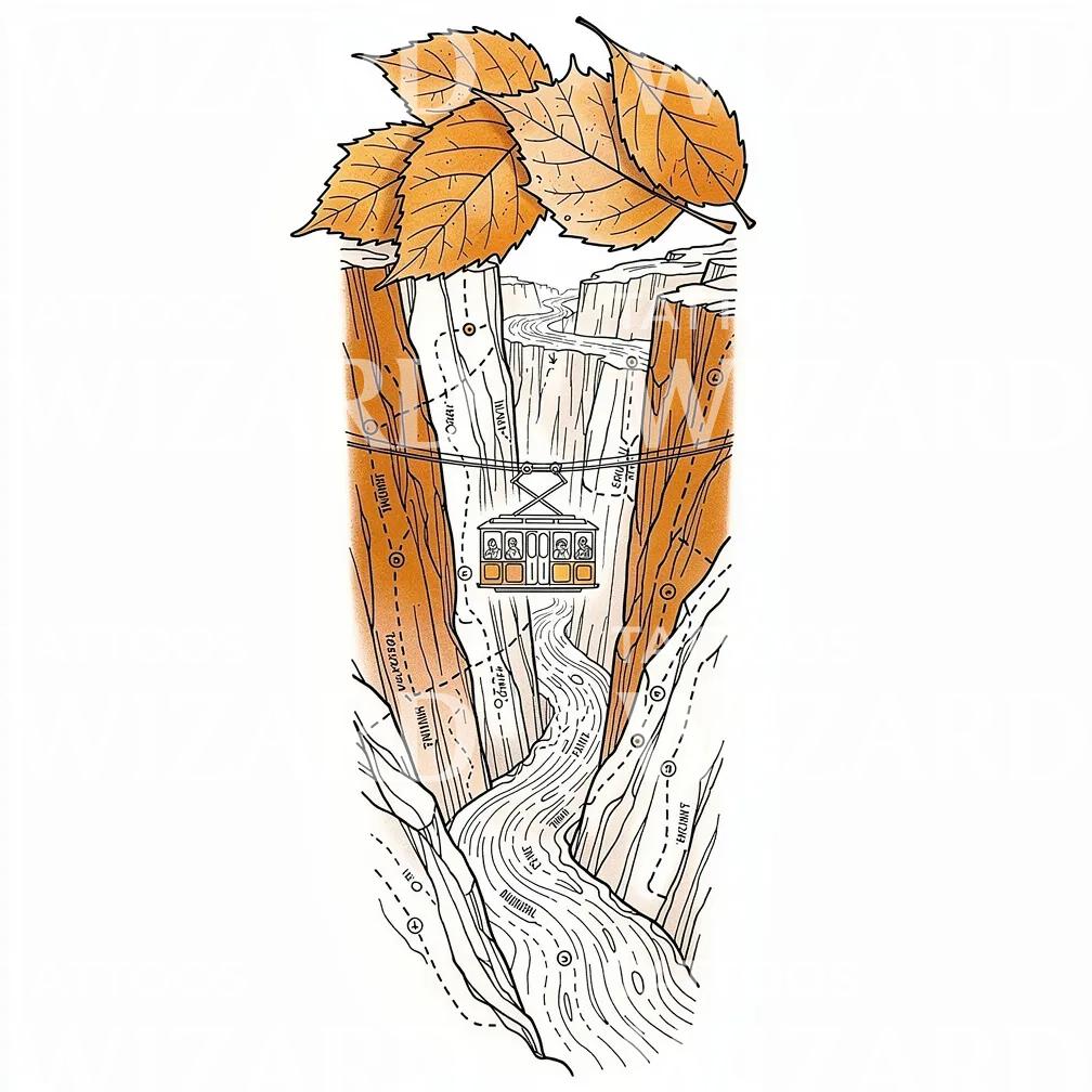 Autumn Canyon Gondola Tattoo Illustration