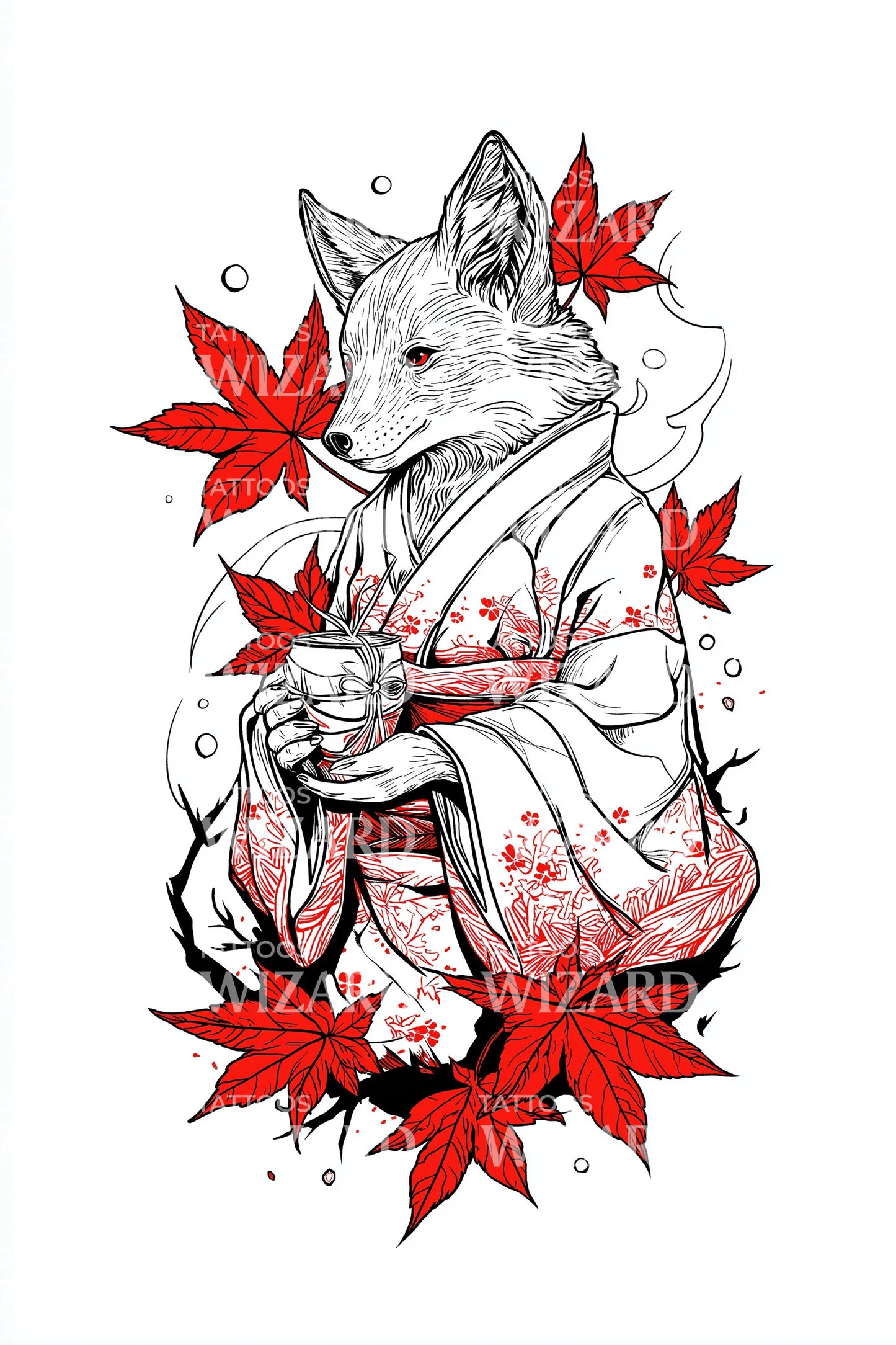 Autumn Fox Kimono Tattoo Illustration