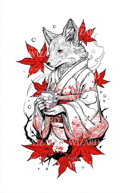 Autumn Fox Kimono Tattoo Illustration
