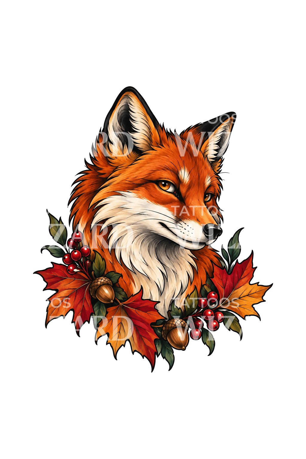 Herbstfuchs mit Ahornblättern, Tattoo-Design