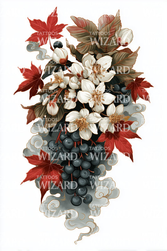 Autumn Grapes Bouquet Tattoo Illustration
