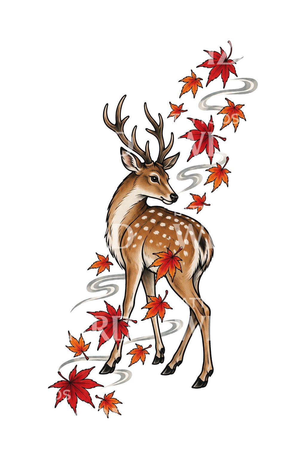 Autumn Momiji Deer Glance Tattoo Illustration