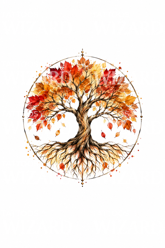 Tatuaggio ad acquerello dell’albero della vita autunnale in un cerchio
