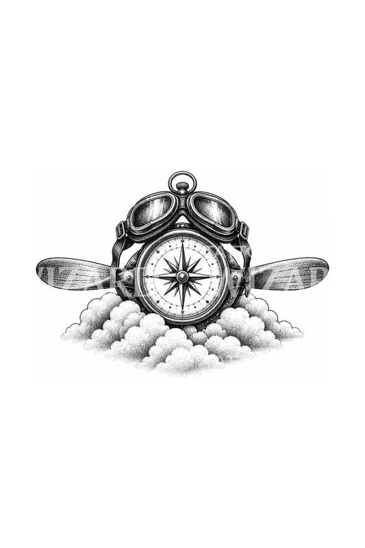 Tatovering med flykompass, propell og pilotbriller