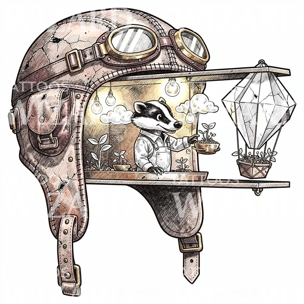 Illustration de tatouage blaireau aviateur et jardin