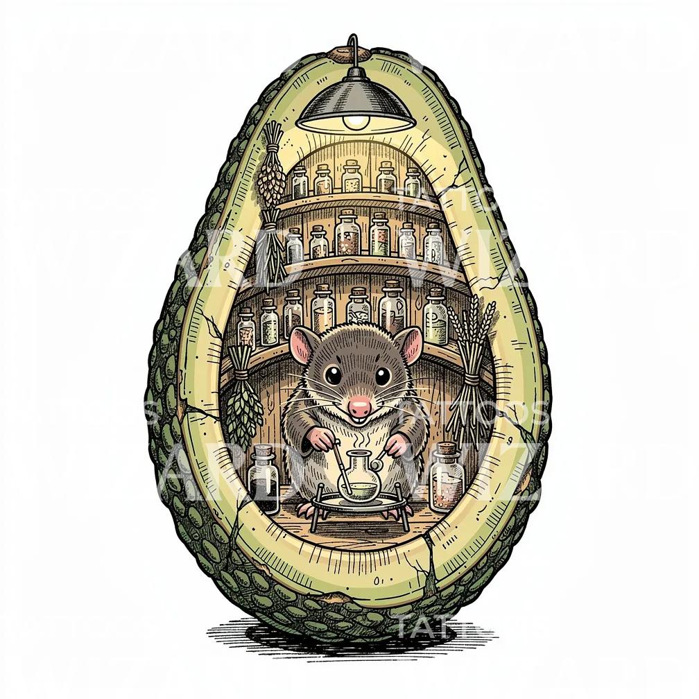 Tattoo-illustration med alkemistmus och avokado