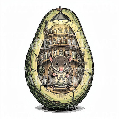 Tattoo-illustration med alkemistmus och avokado