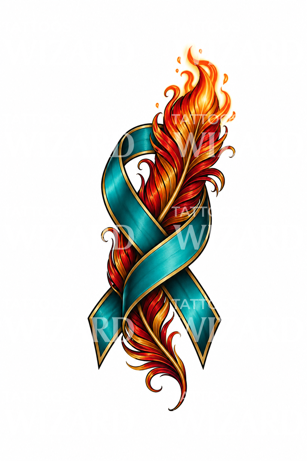 Idea de tatuaje de lazo de concienciación con pluma de fénix