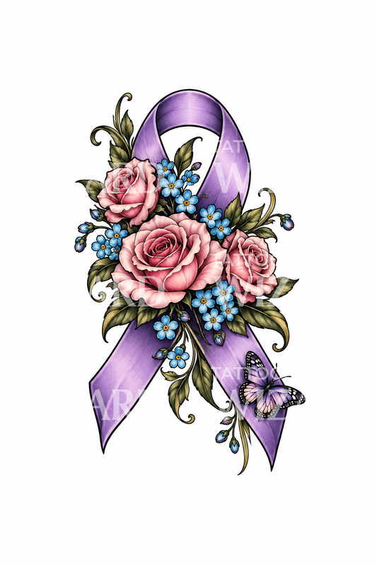 Awareness Ribbon with Roses and Butterfly Tattoo Design