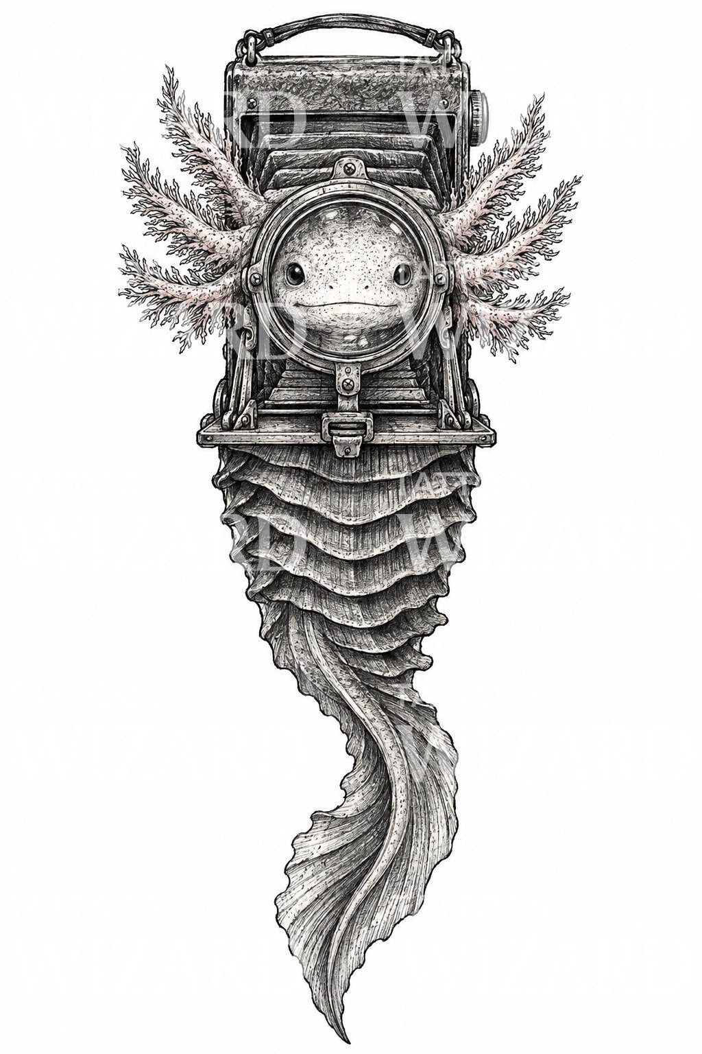 Illustration av en axolotl med kamera som tatuering