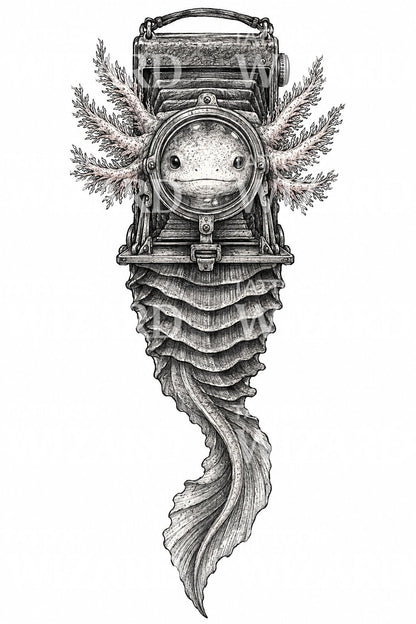Illustration av en axolotl med kamera som tatuering