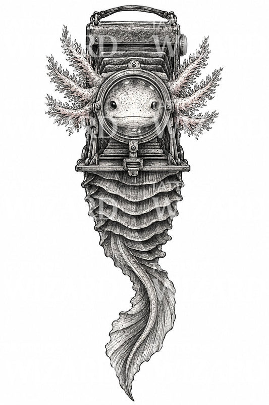 Axolotl-Kamera-Tattoo-Illustration