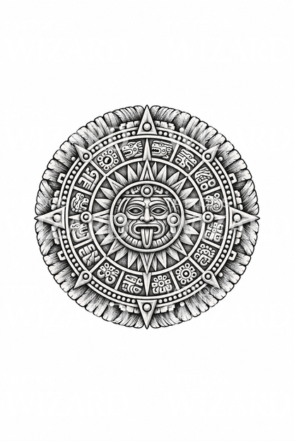 Azték naptárkő dotwork tetoválásmintája