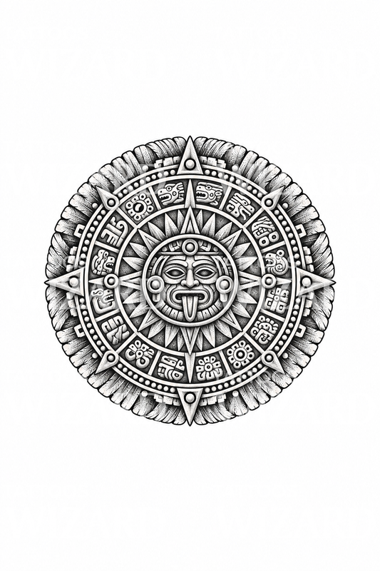 Aztec Calendar Stone Dotwork Tattoo Design
