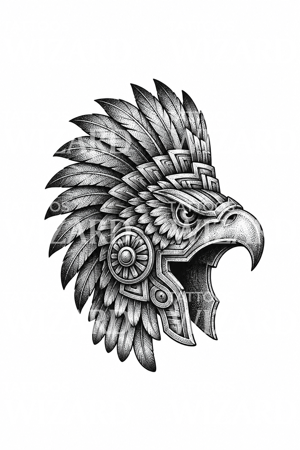 Aztec Eagle Warrior Helmet Dotwork Tattoo