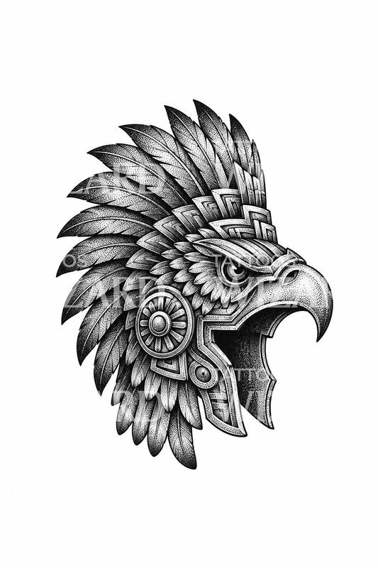 Azték sas harcos sisak dotwork tetoválás