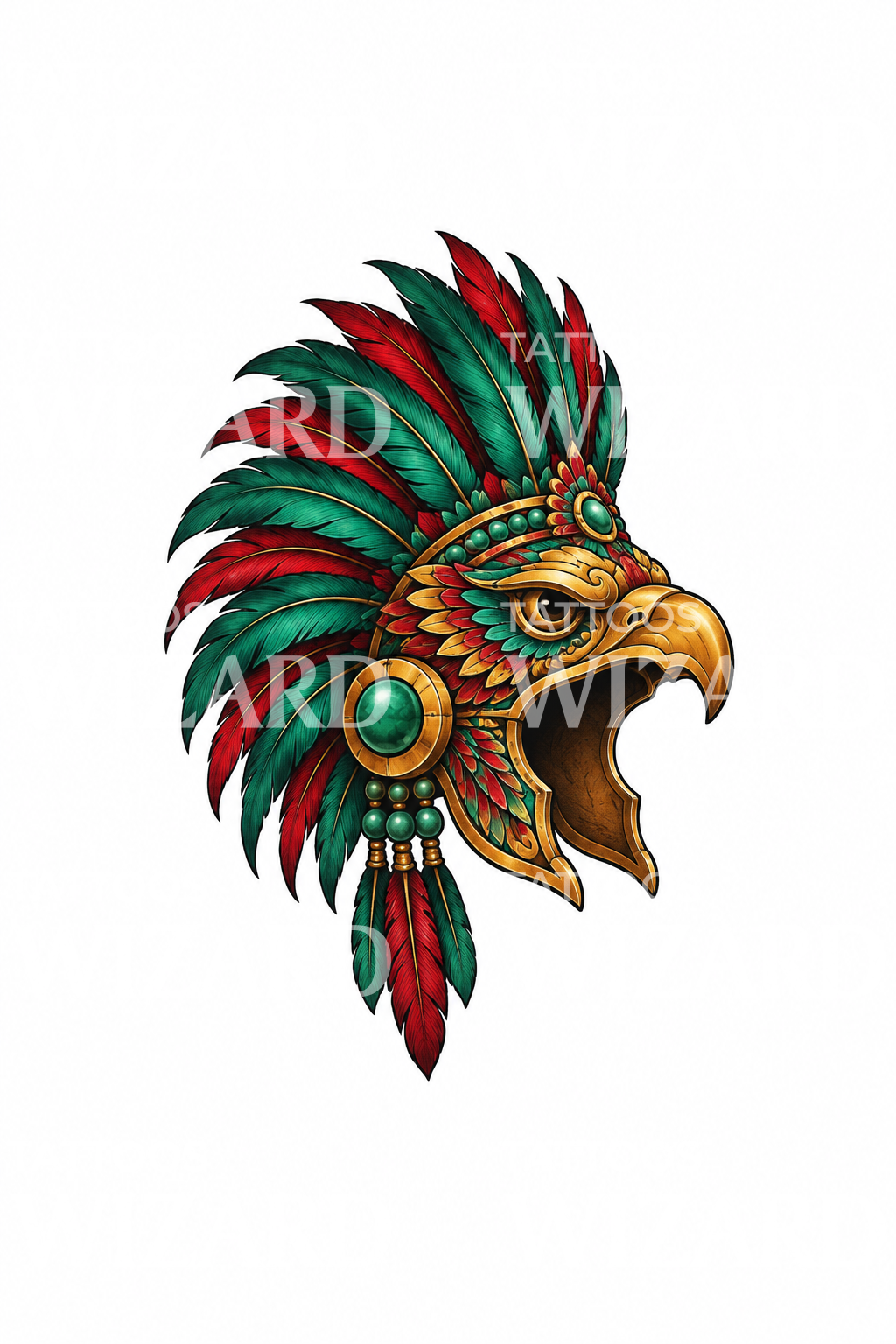 Aztekisk örnkrigarhjälm med fjädrar tatuering