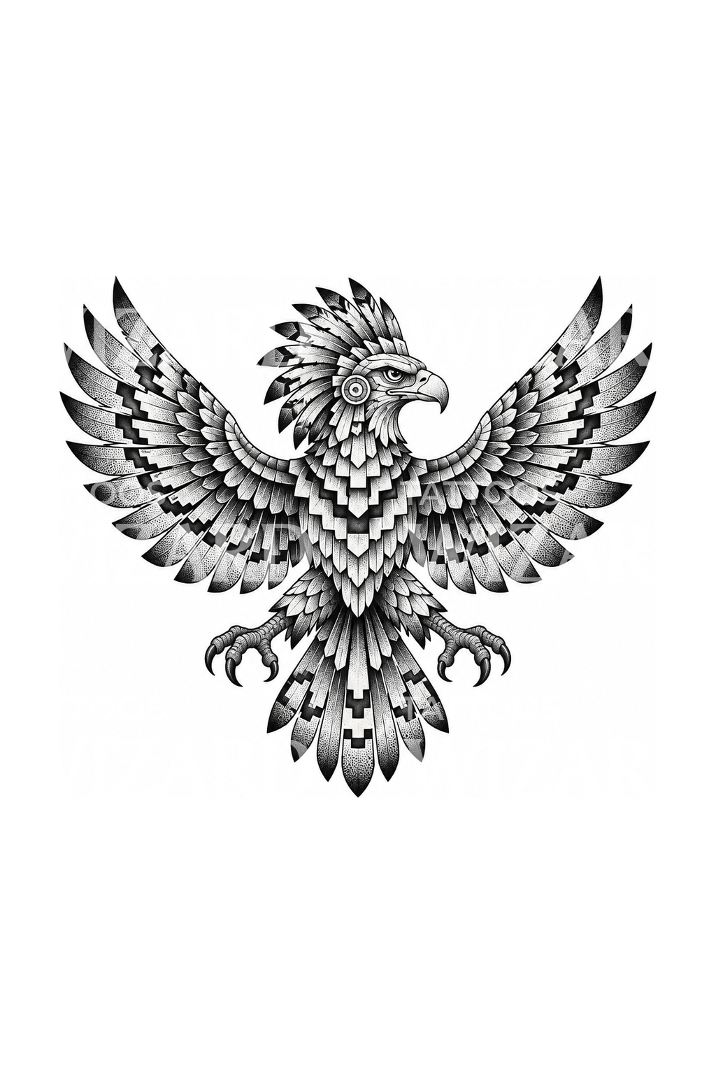 Tatuagem dotwork de águia asteca com as asas abertas