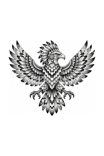 Tatuagem dotwork de águia asteca com as asas abertas