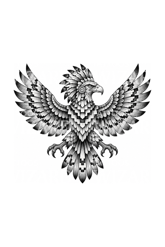 Tatuagem dotwork de águia asteca com as asas abertas