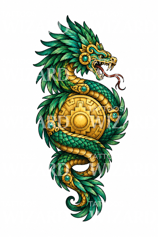 Aztec Feathered Serpent with Sun Tattoo