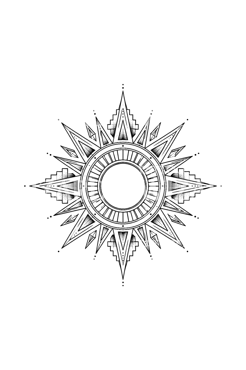 Aztec Inspired Geometric Sun Fine Line Tattoo