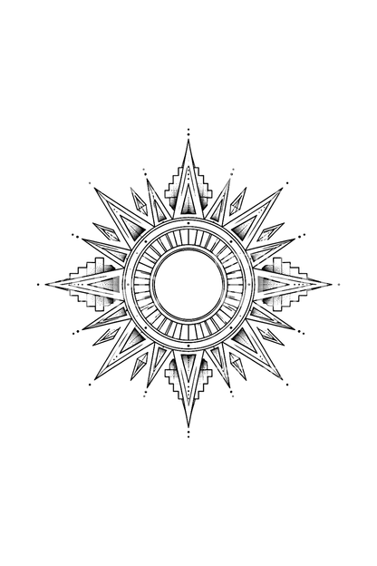 Aztec Inspired Geometric Sun Fine Line Tattoo