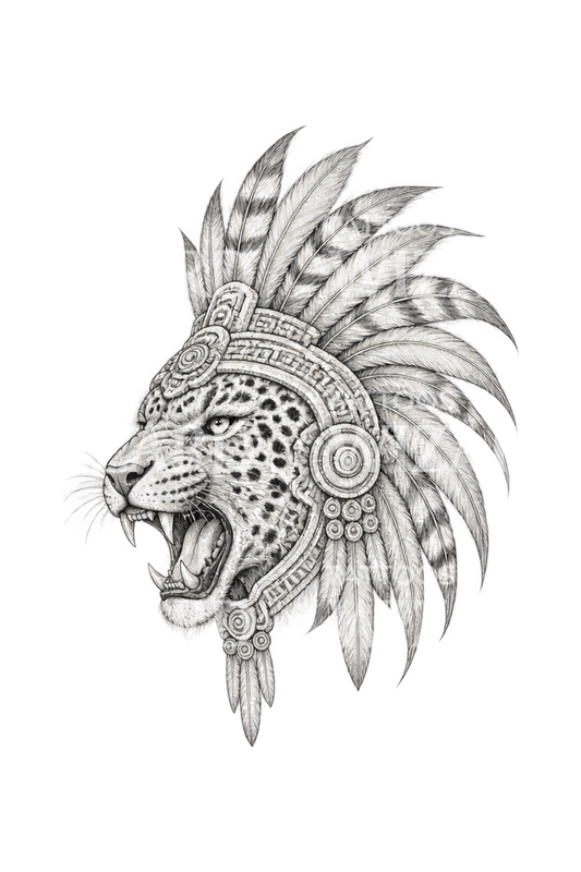 Aztec Jaguar Warrior Helmet Fine Line Tattoo