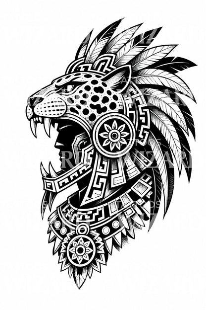 Diseño de tatuaje de guerrero jaguar azteca
