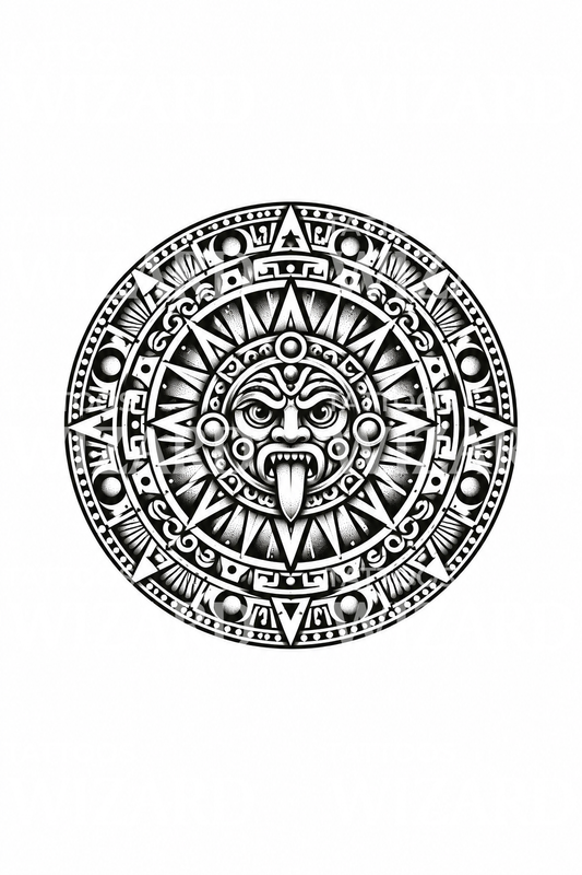 アステカ太陽の石ブラックワークタトゥーデザイン