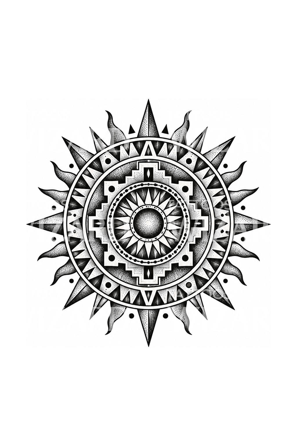 Atsteekkien aurinkokivestä inspiroitunut geometrinen dotwork-tatuointi