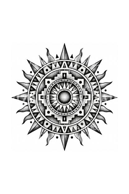 Atsteekkien aurinkokivestä inspiroitunut geometrinen dotwork-tatuointi
