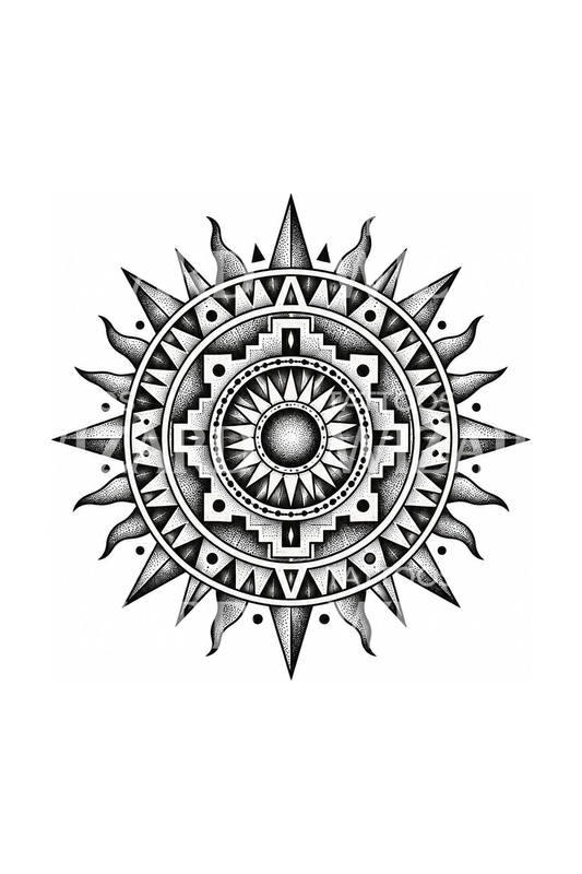 Idea per tatuaggio geometrico dotwork ispirata alla Pietra del Sole azteca