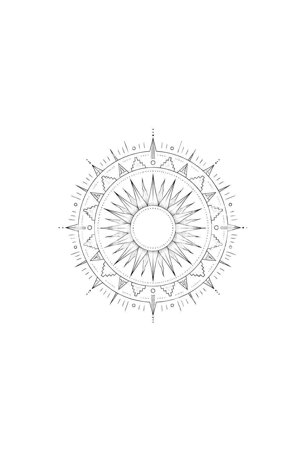 Geometryczny tatuaż fine line inspirowany azteckim Kamieniem Słońca