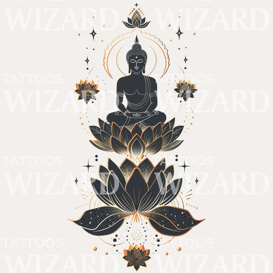 A Spiritual Buddha Elevation and Lotus Tattoo Design
