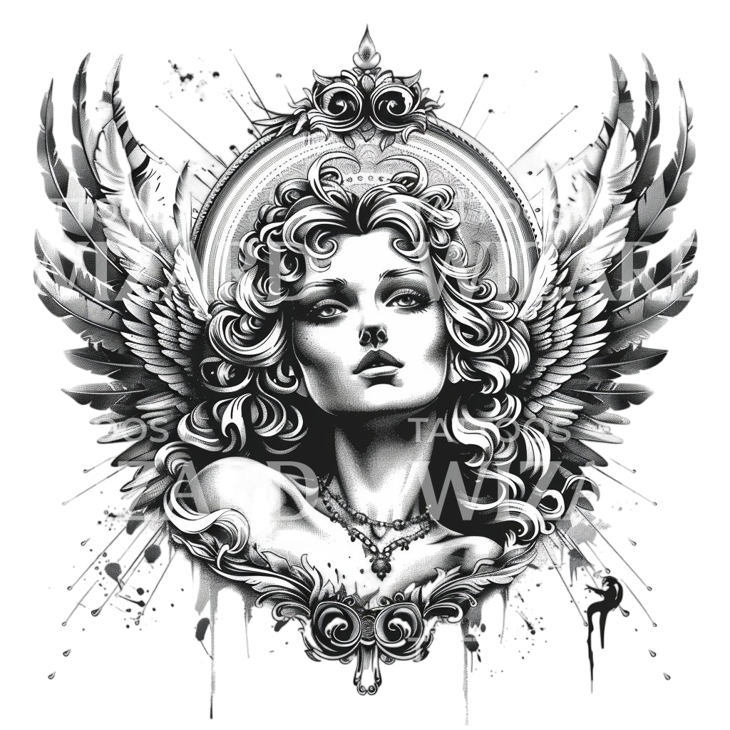 Barocker Engel in Schwarz und Grau Tattoo Design