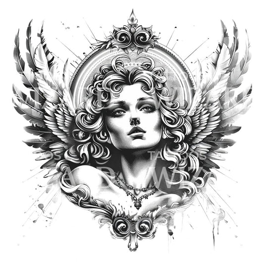 Conception de tatouage d'ange baroque noir et gris