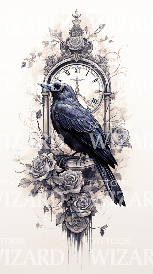 Half Sleeve Raven Clock and Roses Tattoo Design